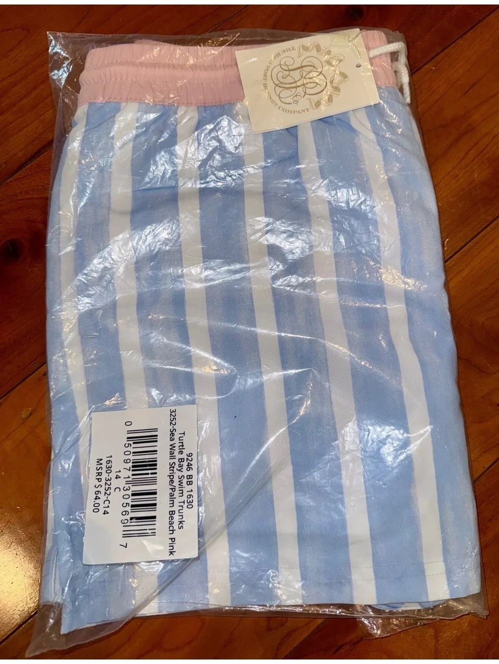 NWT TBBC Turtle Bay Swim Trunks Sea Wall Stripe Palm Beach Pink Size 14